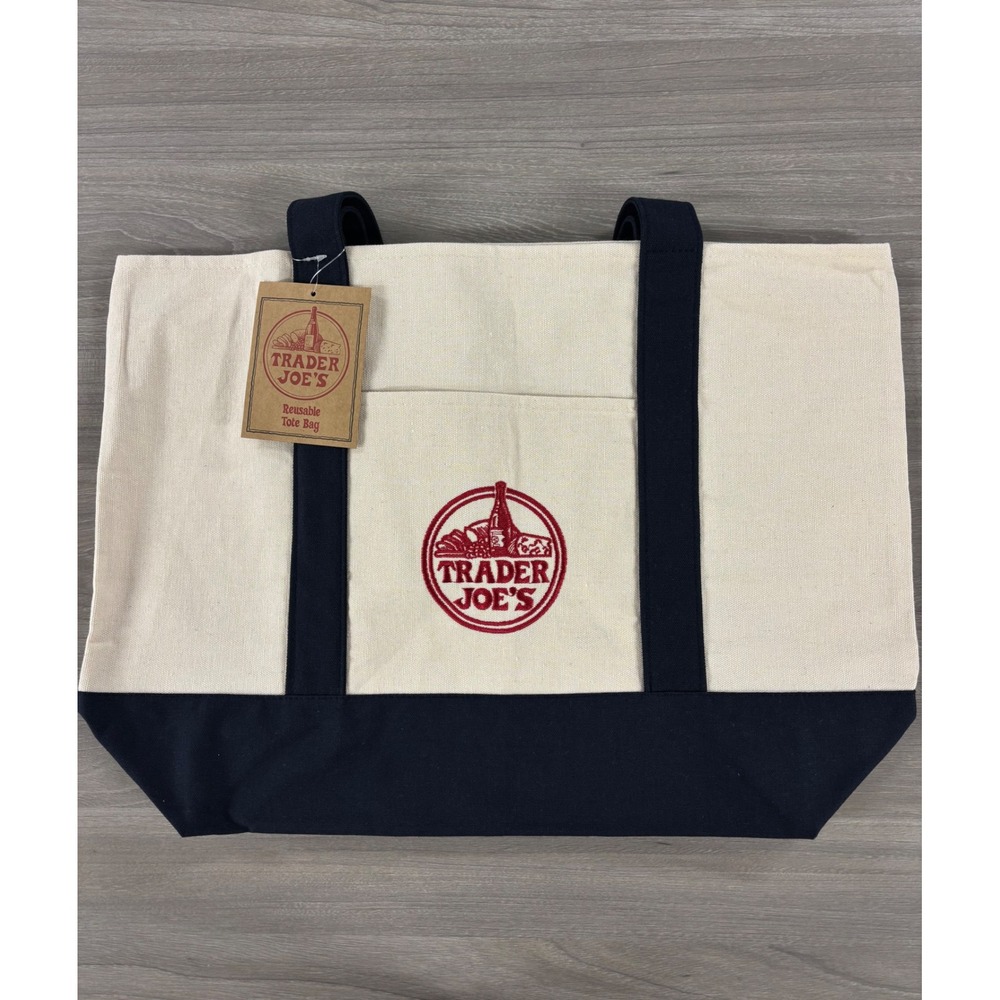 Trader Joe's Reusable Canvas Tote Bag Embroidered Logo NWT
